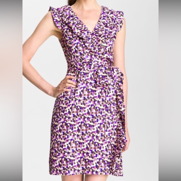 Kate Spade Aubrey Purple/White/Peach/Tan Wrap Silk Dress with Sash - Size 2. - Picture 13 of 17